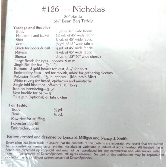 Dream Spinners Nicholas #126 Full-Size Pattern For 30" Folk Santa & 6.5" Teddy B - Picture 3 of 3